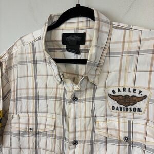Harley Davidson Shirt Mens 2XL Beige Plaid Short Sleeve Button Front Logo